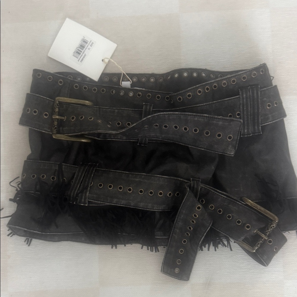 Jaded London Black Mini Skirt with Fringe and Buckle Accents